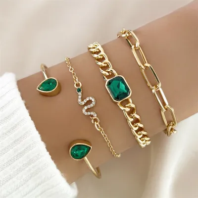 Green Geometry Crystal Snake Bracelet Set (4 pcs)